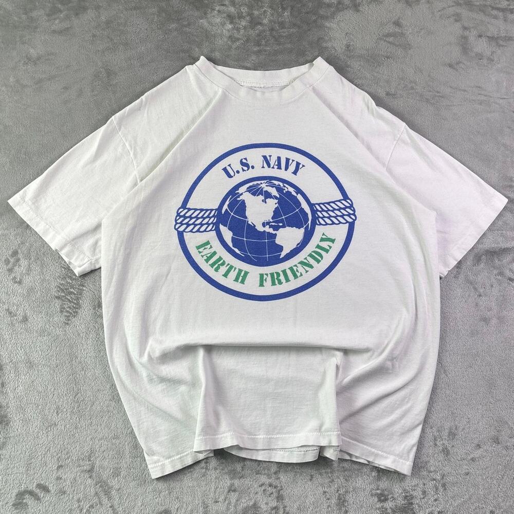 Vintage 90s U.S. Navy Earth Friendly T-Shirt White Graphic Tee Fits L/XL